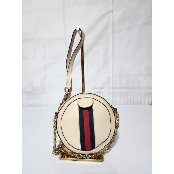 Authentic GUCCI Textured Calfskin Web Mini Ophidia Round Shoulder Bag Mystic Whi - Picture 3 of 16